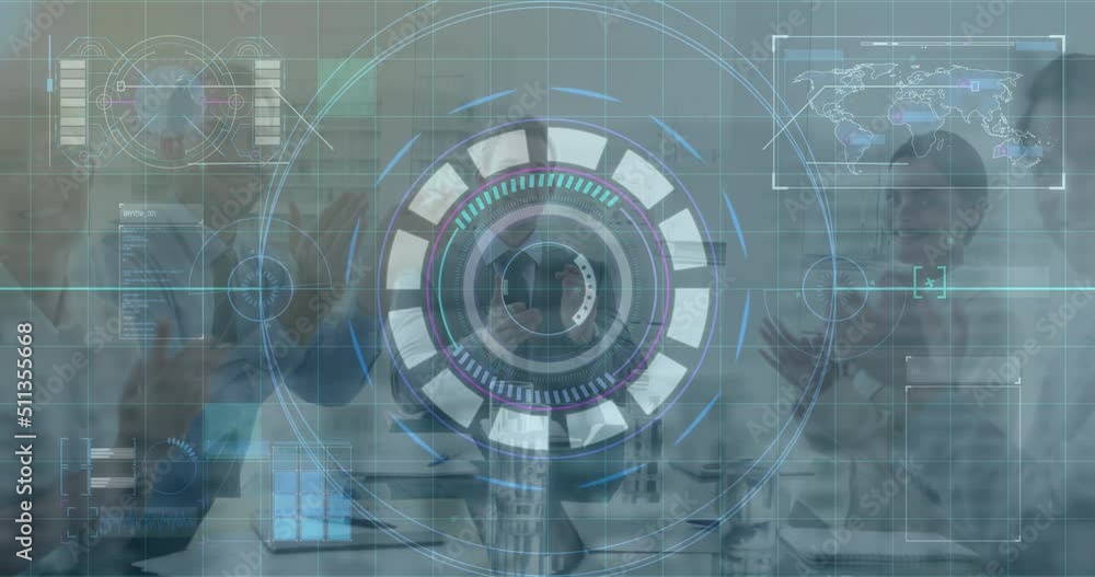Aufkleber animation of data processing and scope scanning over diverse business people