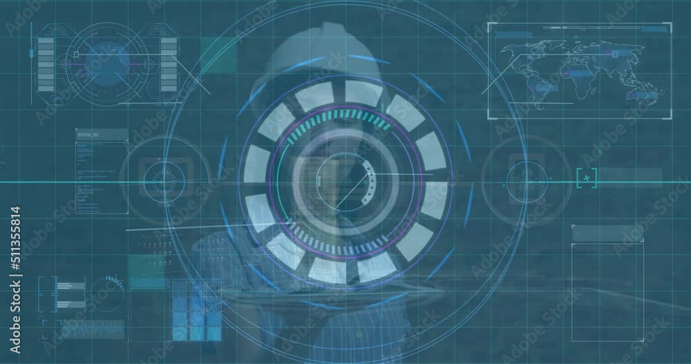 Poster animation of data processing and scope scanning over biracial businesswoman