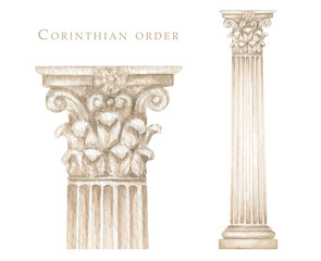 Watercolor antique corinthian column, Ancient Classic Greek Corinthian order, Roman Columns Clipart, Pillar Architecture facade elements Realistic drawing illustration isolated on white background