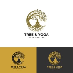 Yoga logo vector, a man meditation in Natural place.