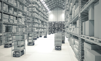 robotized warehouse with drones, wireframe.