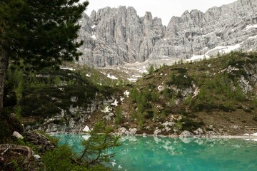 Naklejka na ściany i meble The mountains surrounding Lake Sorapis, Dolomites, Italy. Europe. 