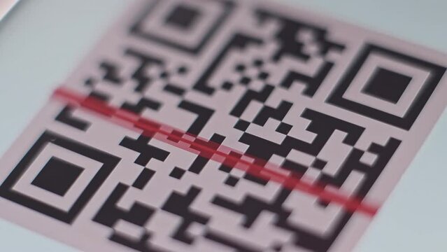 Macro Close Up of Scanning QR Code with Mobile Phone App, QR Code Scanner with Successful Authentication Approval on Smartphone Screen. Using Bar Code Reader Indoor with Cell Phone. 