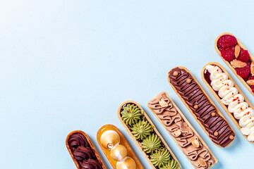 Bakery banner background of eclairs colorful topping