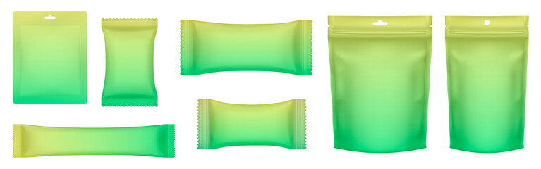Set of realistic doy pack mockups. Green and yellow gradient flow pack, sachet, zip bag, and doypack. Ice cream wrapper. Lime sheet mask sachet.