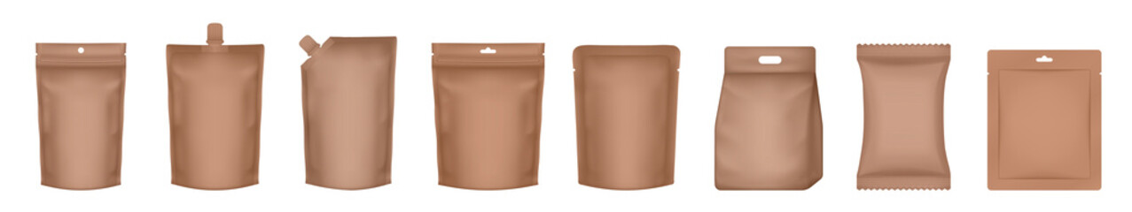 Set of realistic doy pack mockups. Brown flow pack, sachet, zip bag and doypack. Sheet mask sachet. Coffee, sause or candy packaging. Laundry detergent