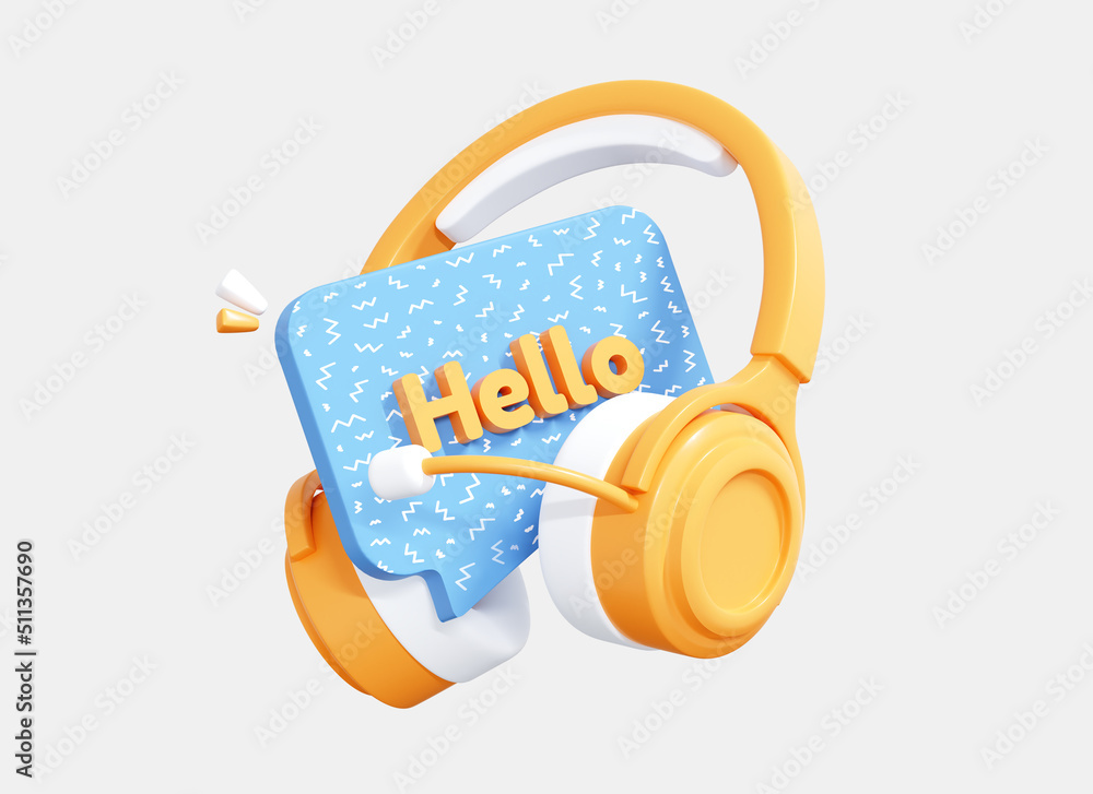 Aufkleber 3d headphones with speech bubble hello text. communication in online game. welcome to the support se
