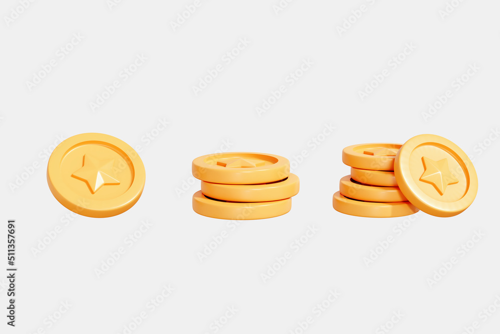 Fototapete 3d coin icon set for game interface. realistic coin with star. money for ui and web design. for mobi