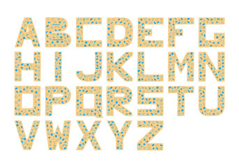 Golden English alphabet with blue different characters inside the letters. Hand Drawn. Freehand drawing. Doodle. Sketch.	