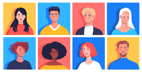 Different cute cartoon people characters portraits with colorful backgrounds 