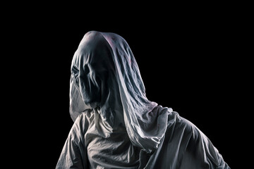 Fototapeta na wymiar Portrait of a scary ghost isolated on black background with clipping path