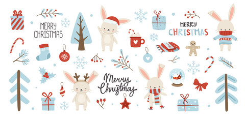 Christmas bunnies set. Winter rabbits collection with lettering. New year stickers bundle.