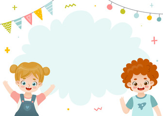 Cartoon frame with kids. Banner template with empty text area. Cute children party.