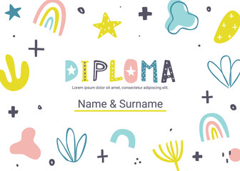 Cute diploma template with abstract shapes for kids. Certificate design for children competition.