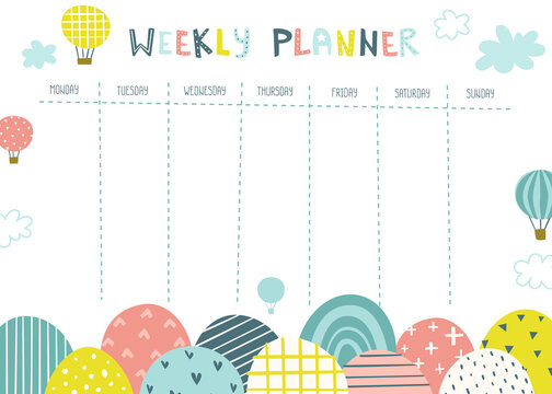 Weekly planner with abstract hot air balloons. Scandinavian design of timetable for kids.