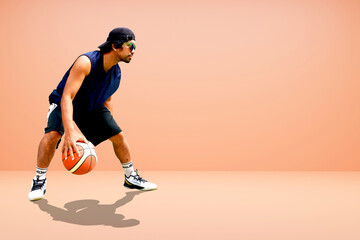 Fototapeta na wymiar Asian basketball player on colored background