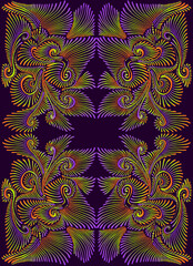 Elegant psychedelic trippy colorful fractal mandala, purple light green orange gradient color. 3D effect. Kaleidoscope flower with many ornamental lines pattern.