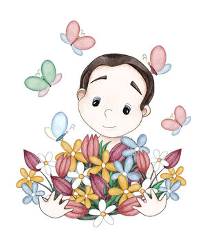 Portrait of a cute cartoon baby boy with a big bunch of flowers in his hands and butterflies. Summer illustration. Digital illustration in the watercolor style. Mother's Day card.