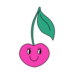 Cute kawaii y2k cherry berry with smile face and leaves. vector illustration isolated on white background. Sweet fruit plant character, retro 90s design element, print.