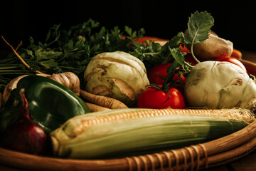 Grocery basket, rustic basket with vegetables: corn, mushrooms, turnips, dill, tomatoes, buryak, pepper, garlic. Assortment of seasonal vegetables for a healthy diet