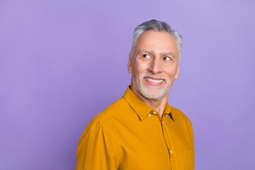 Fototapeta premium Photo of sweet old grey hairdo man look promo wear mustard shirt isolated on violet color background
