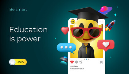 Education is power. Online school web banner and mobile application with emoji Smiling face in graduation hat and social media icons. Training courses, digital learning