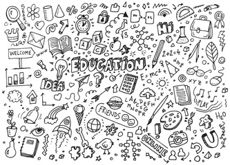 Different education doodles, vector hand drawn illustration on white paper © katarinalas