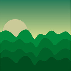 Sunset behind mountains green tones