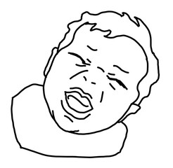 New born sweet baby face emotions. Little child crying with open mouth. Hand drawn character illustration. Retro vintage comic cartoon line style drawing.