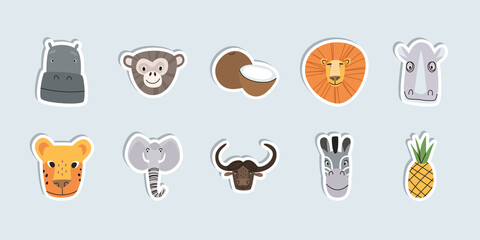 Stickers with heads of wild animals. Lion, elephant, rhinoceros and monkey. African muzzles. Flat illustration. Eps10