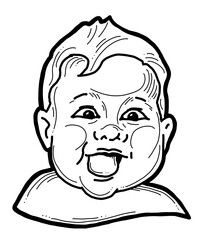New born sweet baby face emotions. Little happy child surprised with open mouth. Hand drawn character illustration. Retro vintage comic cartoon line style drawing.