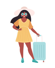 Black woman tourist with travel bag or luggage. Summer vacation, summer traveling, summertime. Hand drawn vector illustration