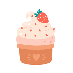 Vanilla ice cream in cup with strawberry. Summertime, hello summer. Hand drawn vector illustration