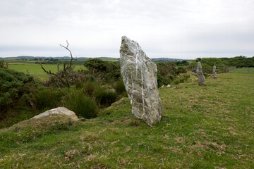 Nine Maidens stone row Cornwall all the stones are of quartz the north-eastern stone is prostrate...