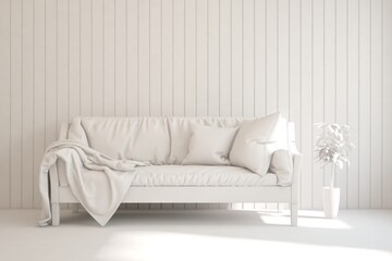 White minimalist living room with sofa. Scandinavian interior design. 3D illustration