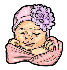 New born sweet baby face emotions. Little girl with big flower on the head sleeping and smiling with flower and heart. Hand drawn character illustration. Retro comic cartoon line style drawing.