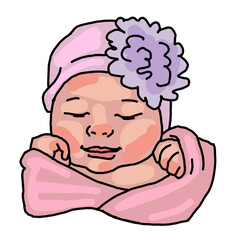 New born sweet baby face emotions. Little girl with big flower on the head sleeping and smiling with flower and heart. Hand drawn character illustration. Retro comic cartoon line style drawing.