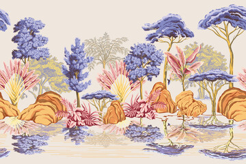 Tropical vintage landscape, reflection, rock, trees, palms, bush floral seamless border. Jungle botanical mural. © good_mood