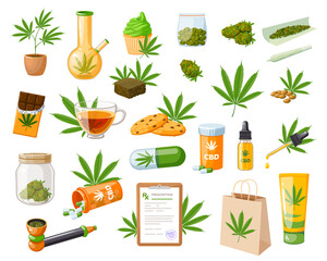 Cannabis products set. Vector illustration cartoon icons collection on white background.