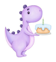 Watercolor cute dinosaur with cake