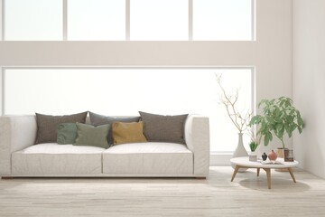 Modern living room in white color with sofa. Scandinavian interior design. 3D illustration