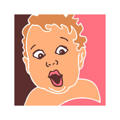 New born sweet baby face emotions. Little happy child surprised with open mouth. Hand drawn character illustration. Retro vintage comic cartoon line style drawing.
