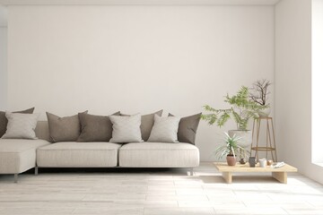 White living room with sofa. Scandinavian interior design. 3D illustration