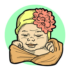 New born sweet baby face emotions. Little girl with big flower on the head sleeping and smiling with flower and heart. Hand drawn character illustration. Retro comic cartoon line style drawing.
