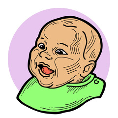 New born sweet baby face emotions. Little happy child surprised with open mouth. Hand drawn character illustration. Retro vintage comic cartoon line style drawing.