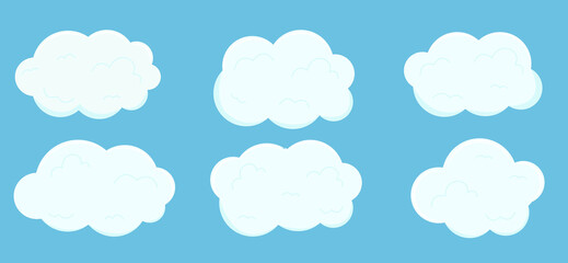 White cloud vector set on blue sky background. Template sticker of different shape fun air bubbles.