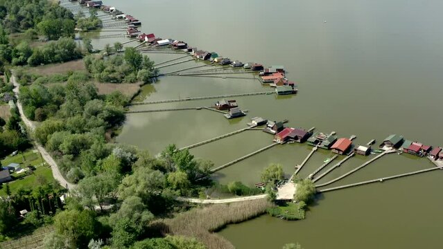 Aerial view of the floating village at Lake Bokodi in Bokod Hungary	