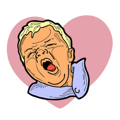 New born sweet baby face emotions. Little cute boy sleeping and smiling with heart. Hand drawn character illustration. Retro vintage comic cartoon line style drawing.