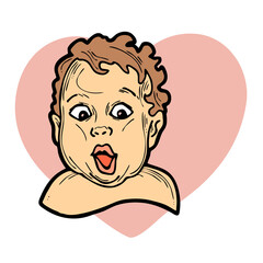 New born sweet baby face emotions with heart. Little happy child surprised with open mouth. Hand drawn character illustration. Retro vintage comic cartoon line style drawing.
