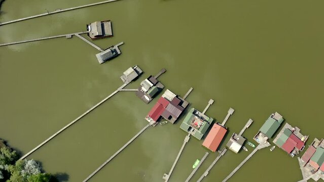 Aerial view of the floating village at Lake Bokodi in Bokod Hungary	